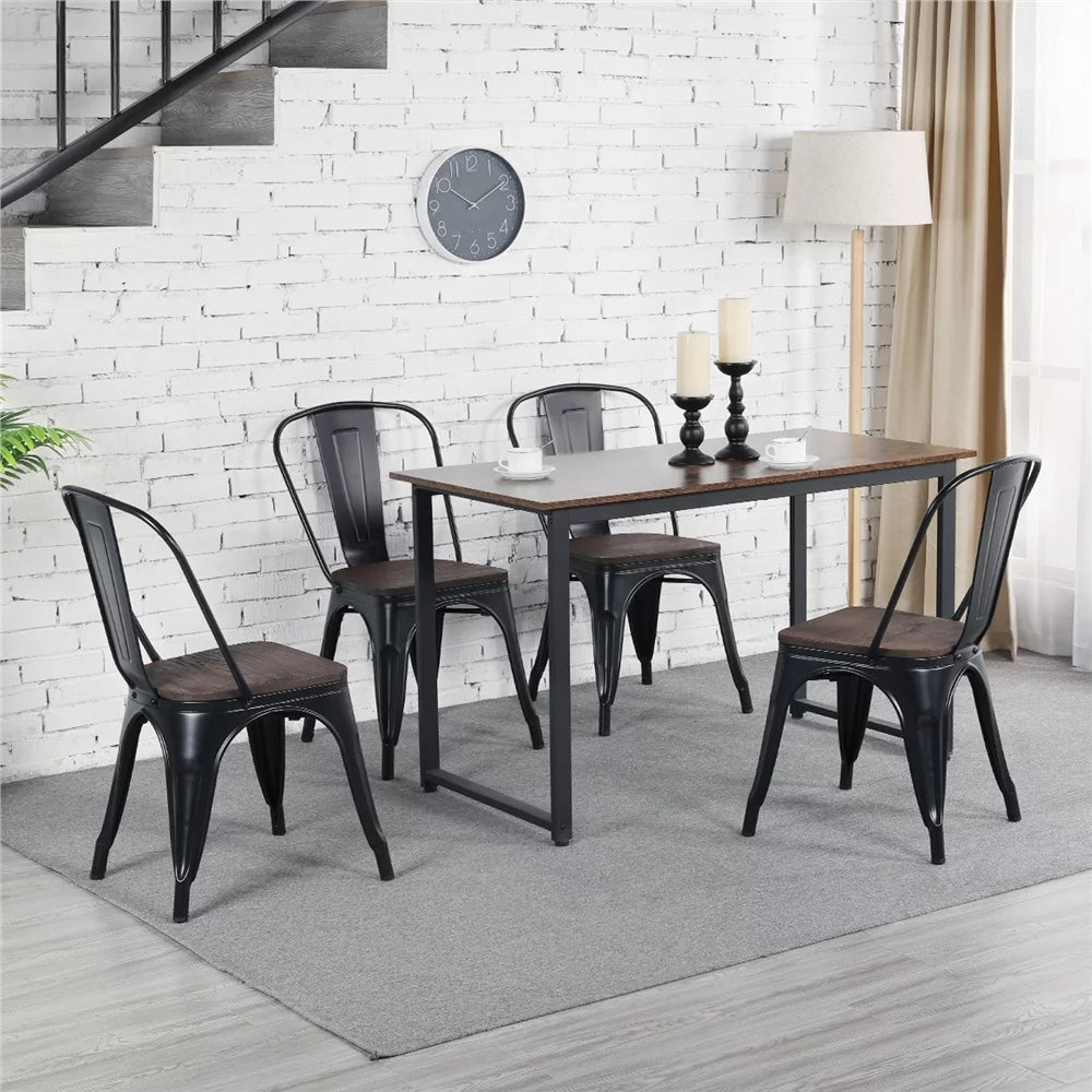Alden Design Metal Stackable Dining Chairs with Wooden Seat, Set of 4, Black