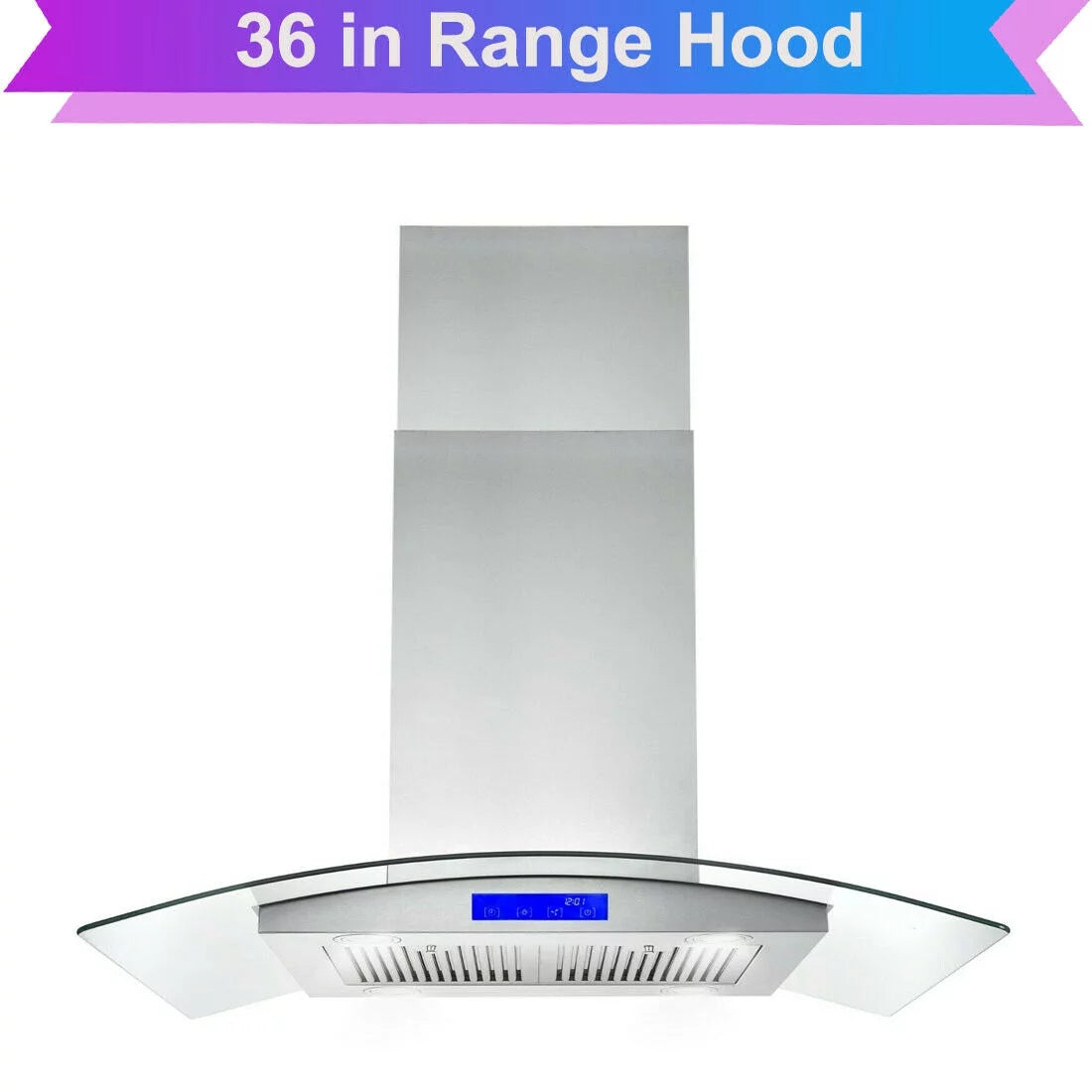 Tieasy 36 inch Island Mount Range Hood 900 CFM with Glass LCD Touch Control 4 LED Lamps